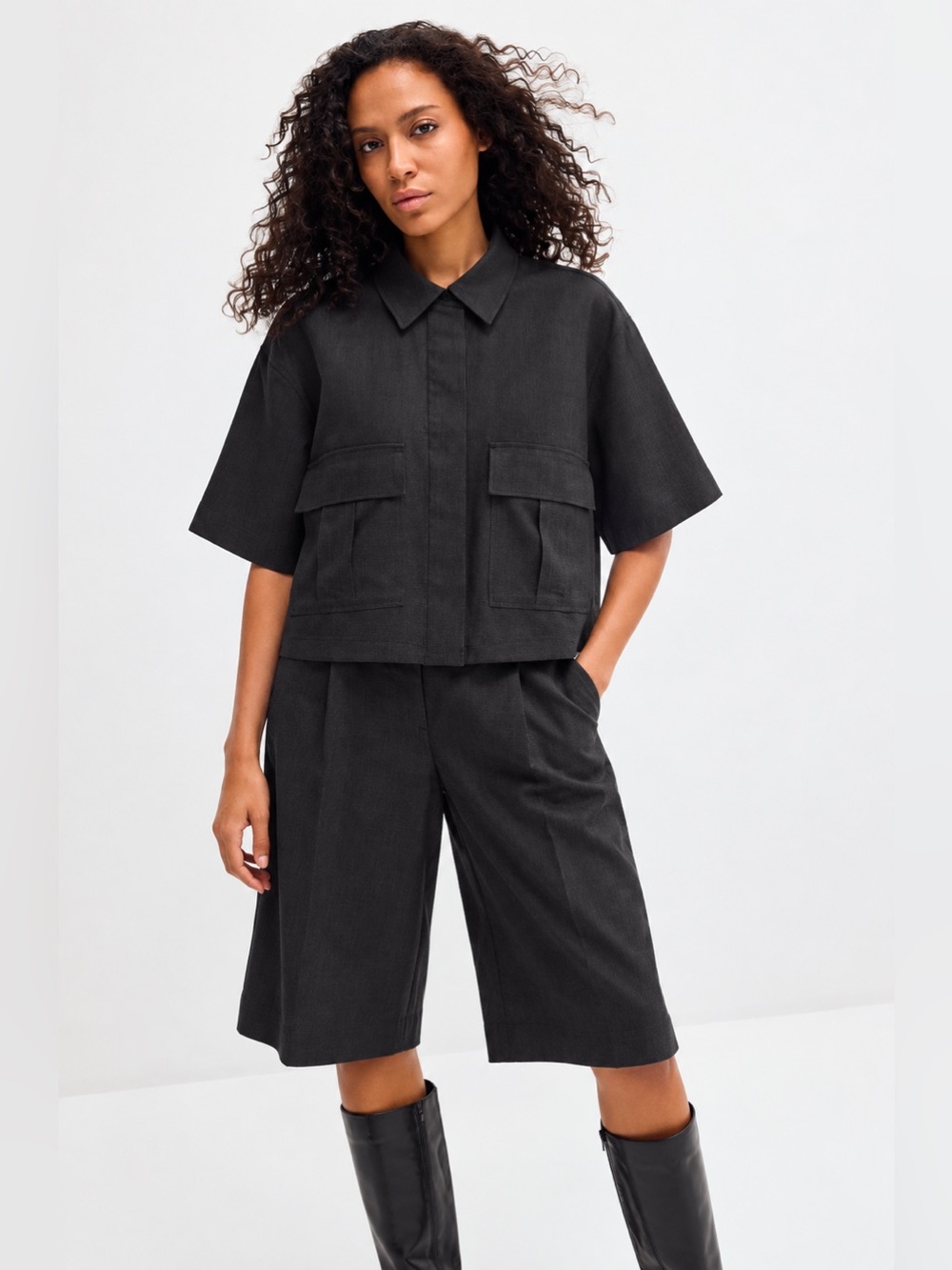 H&M viscose linen blend cargo pocket short sleeve shirt